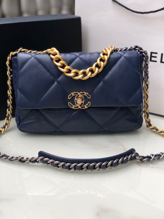 Ch*el 19 large handbag shiny leather, gold-tone, silver-tone & ruthenium-finish metal navy 7.8 × 11.7 × 3.9 in