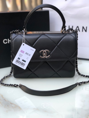 Ch*el flap bag with top handle 6.6 × 9.8 × 4.7 in