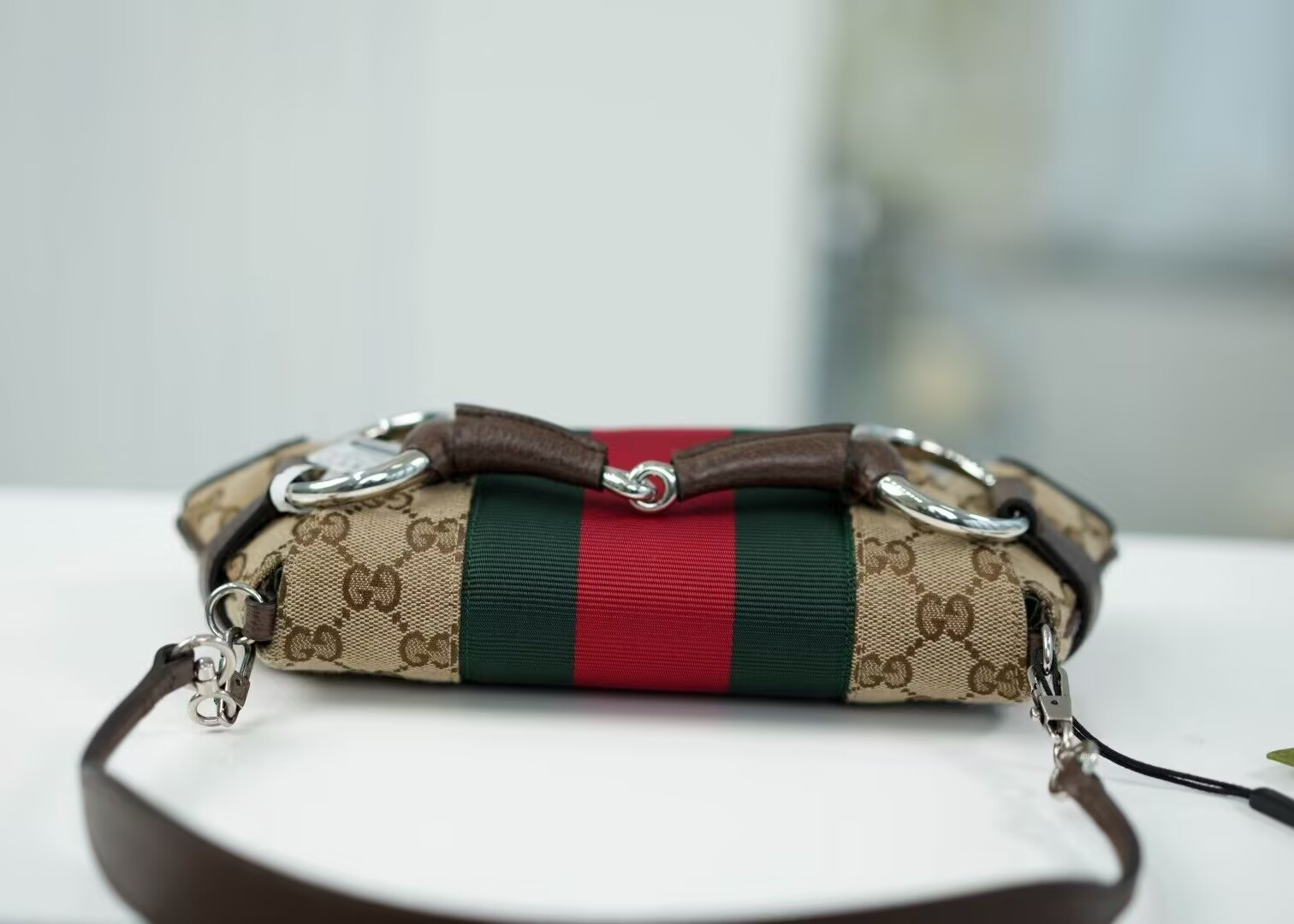 G*u*i monogram textured dollar calfskin heavy grosgrain web medium maxi horsebit chain shoulder bag 27x11.5x5cm