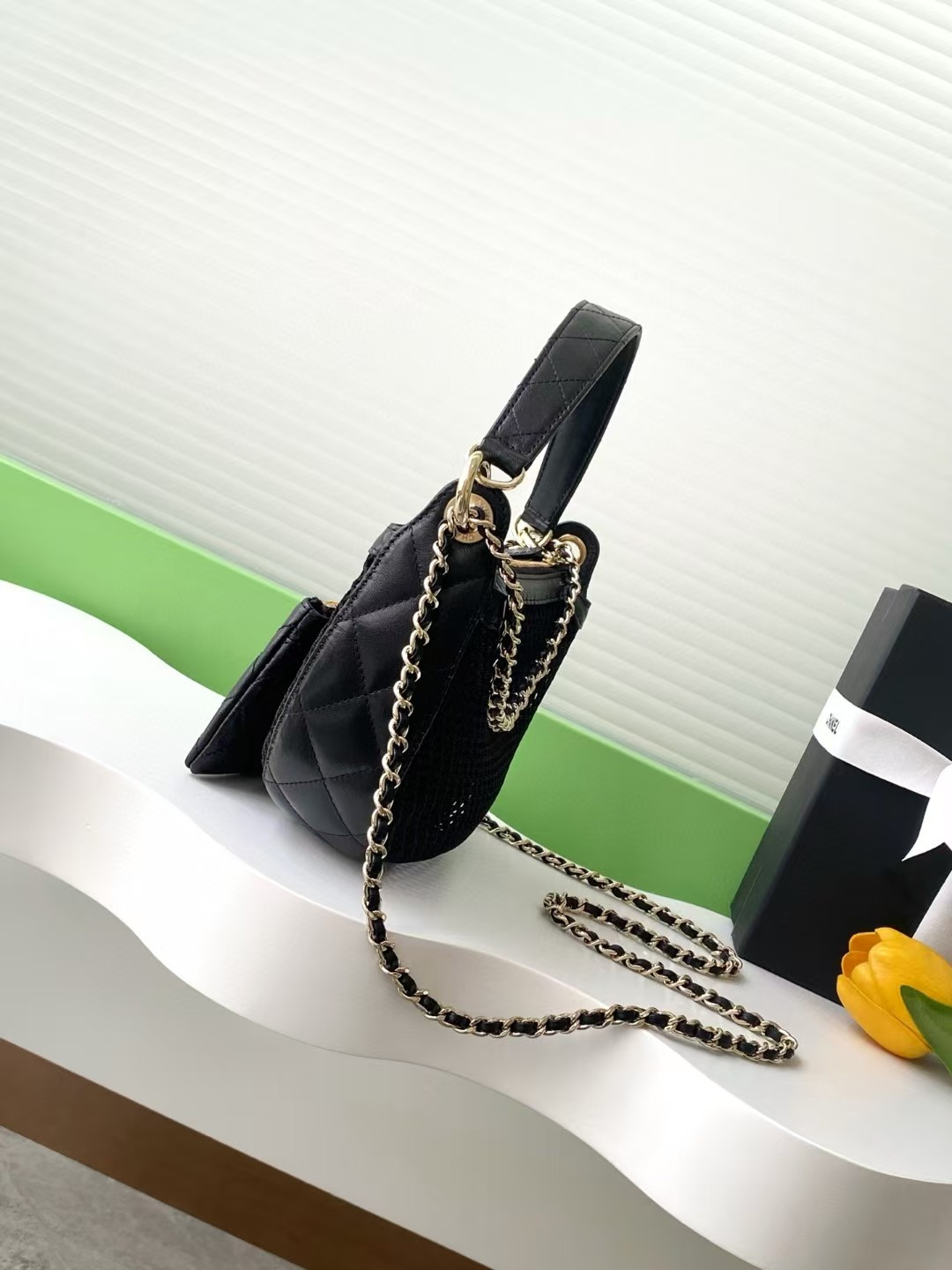 Ch*el clutch with chain mesh shiny lambskin gold tone -ap4573 15x22x6cm