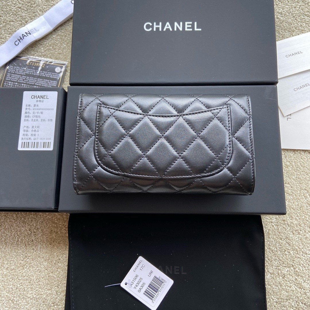 Ch*el flap wallet black silver 19.5 x10 cm