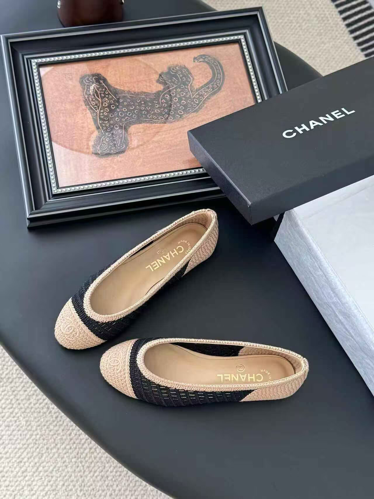 ua Ch*el raffia cap toe ballet flats