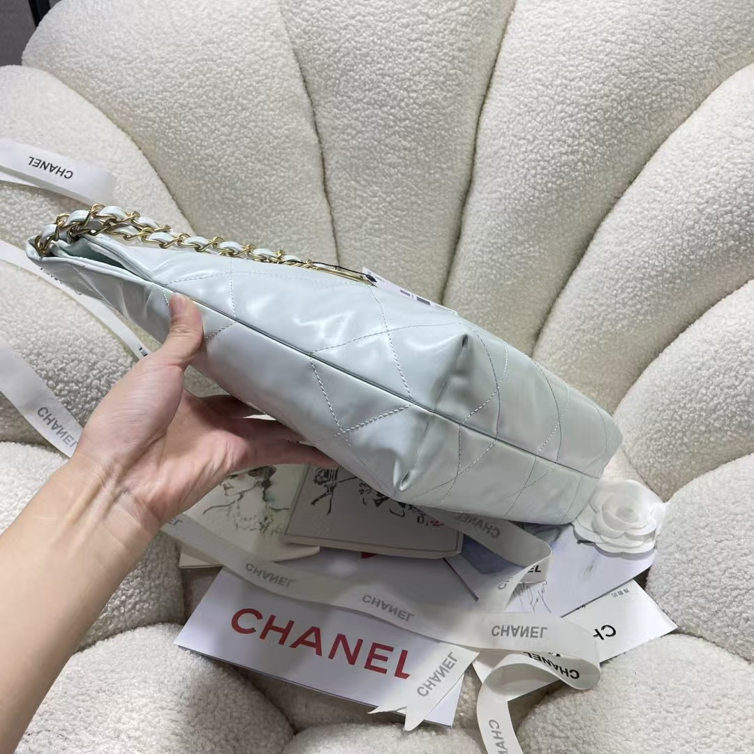 Ch*el 22 small handbag shiny calfskin light blue 37x35x7cm