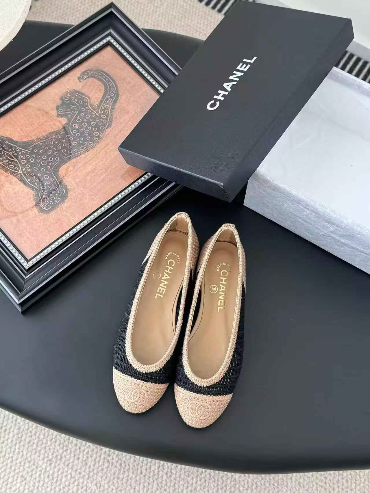 ua Ch*el raffia cap toe ballet flats