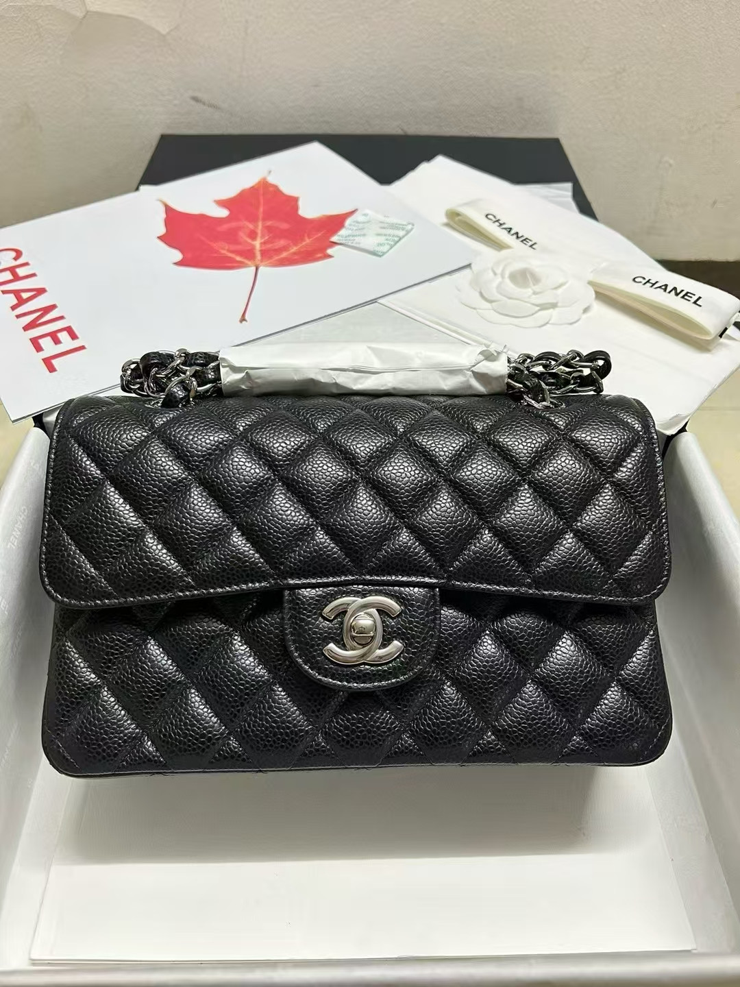 Ch*el small classic handbag grained calfskin & silver-tone metal black 5.7 × 9 × 2.3 in