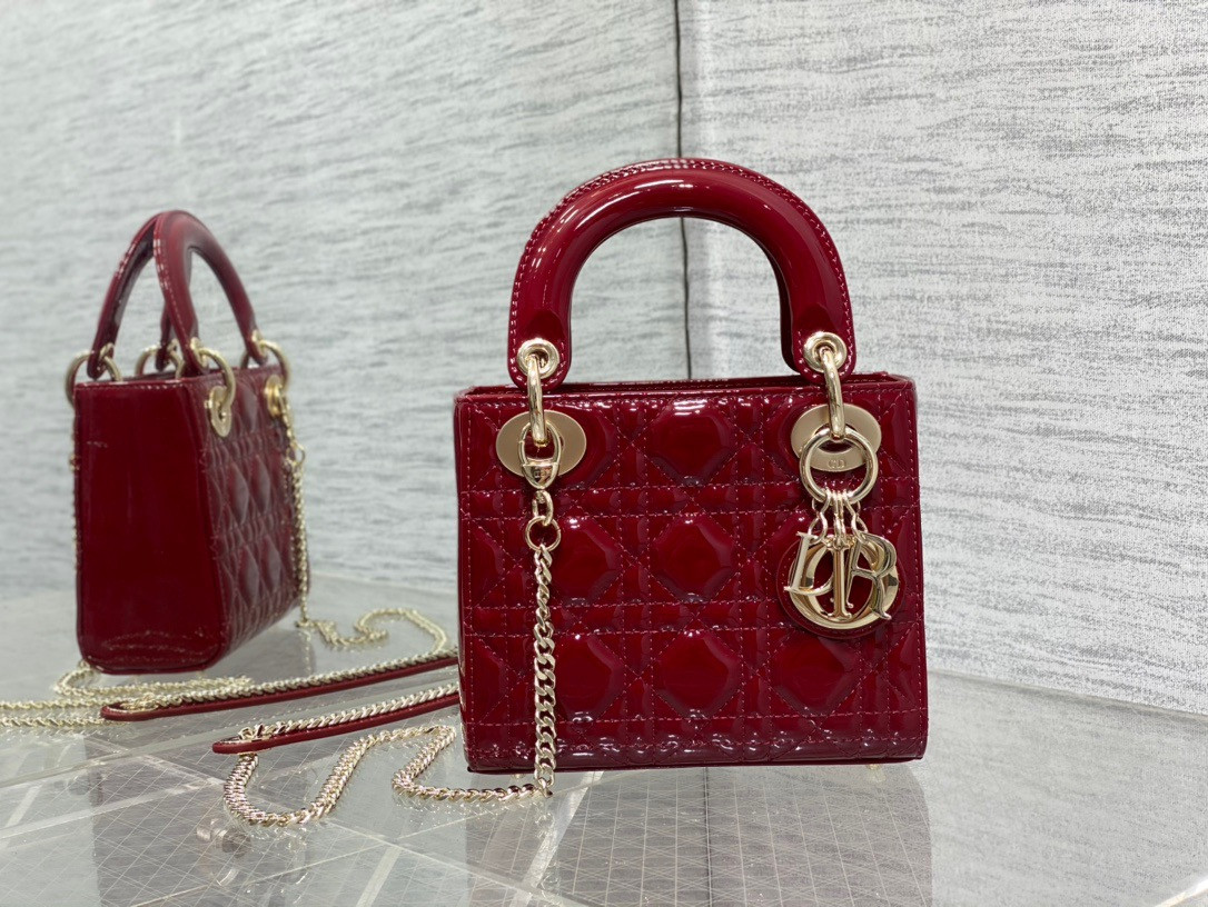 mini lady D*or bag  cherry red patent cannage calfskin 6.5 x 6 x 3 inches