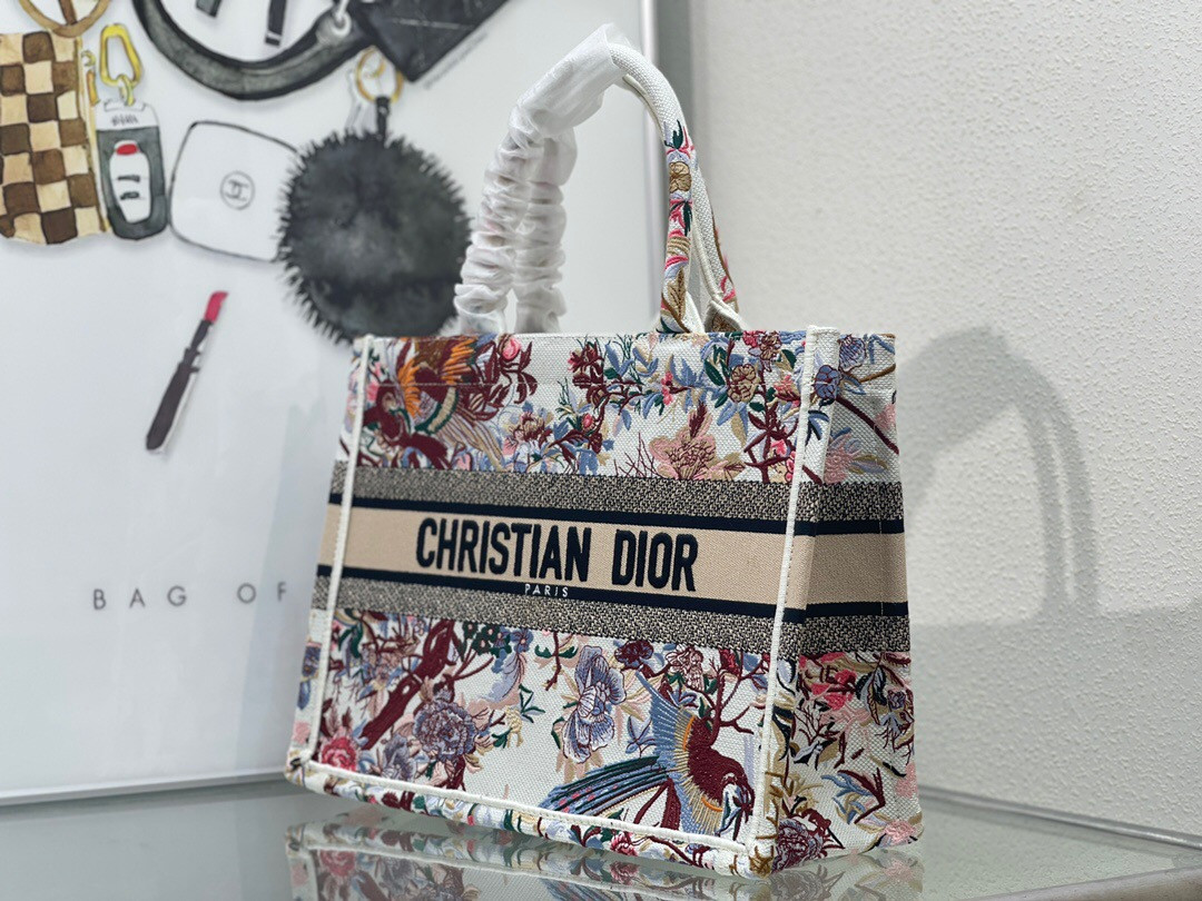 medium D*or book tote white multicolor dragon zodiac embroidery 36 x 27.5 x 16.5 cm