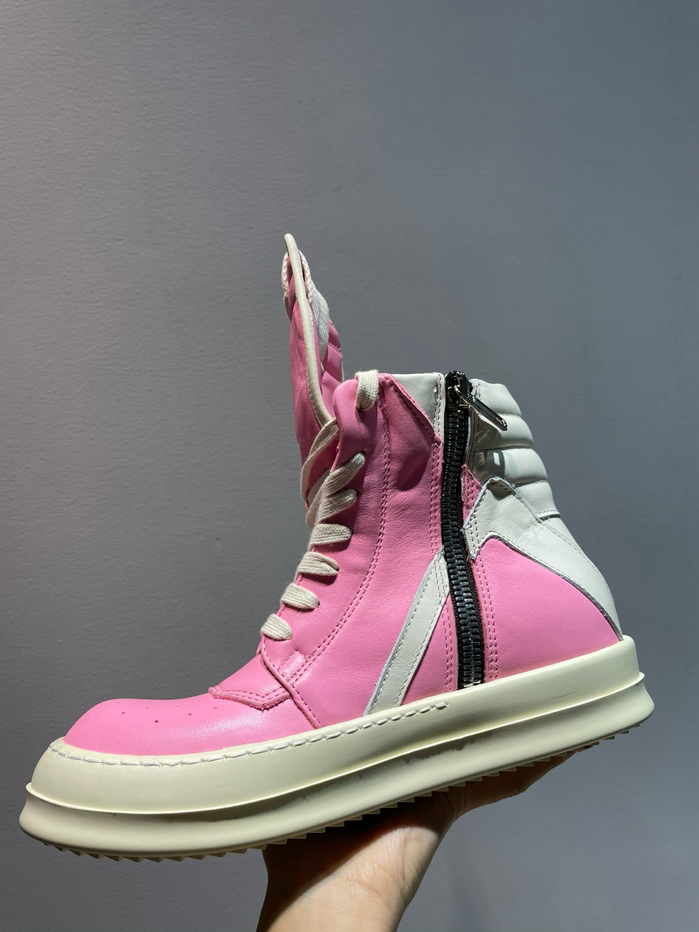 Rick Owens Geobasket High-Top Leather Pink Sneakers