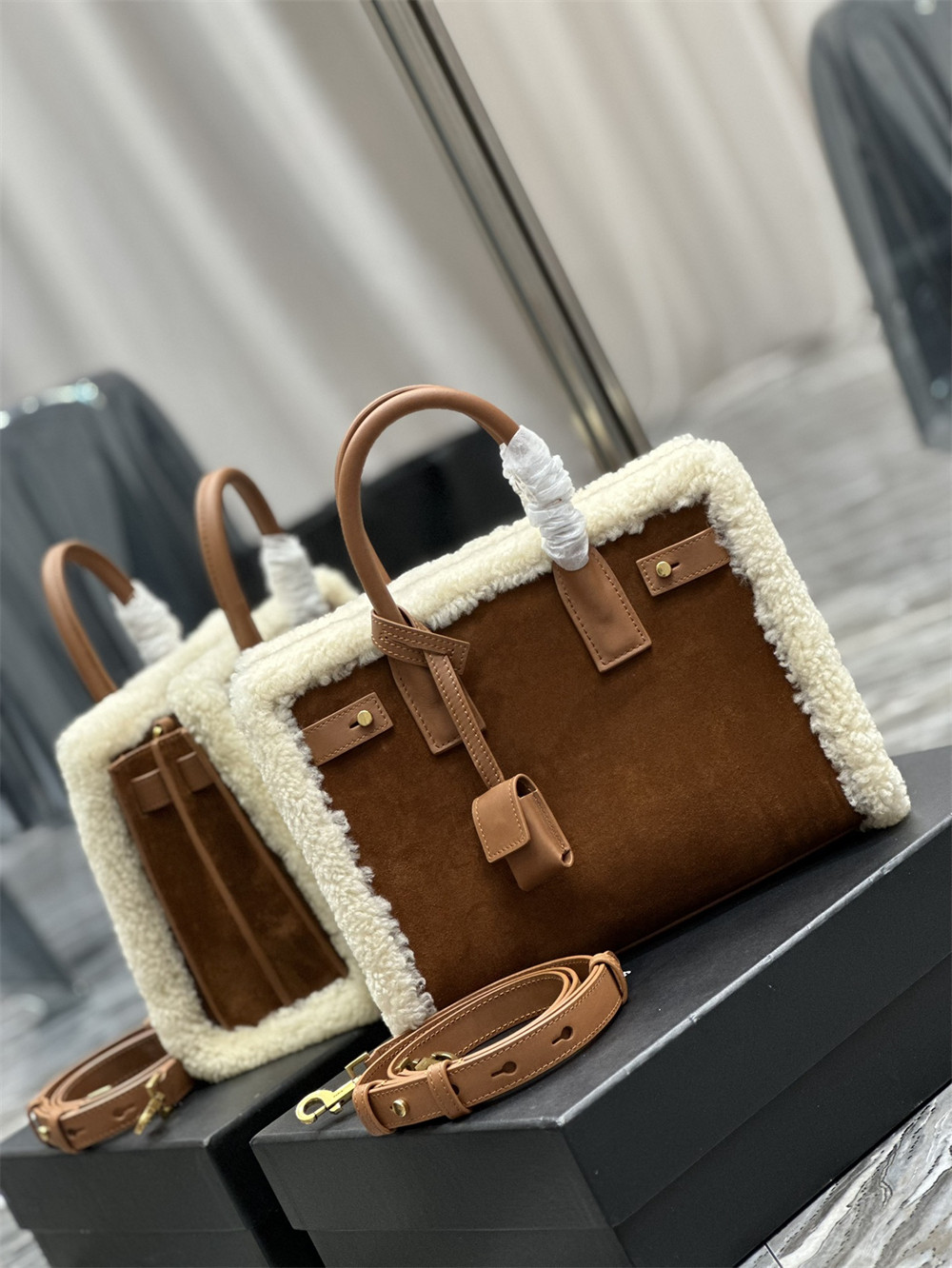 y*l sac de jour S*pple nano in suede and shearling dark cigar and natural beige