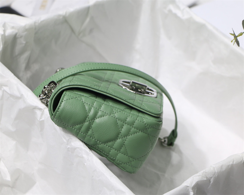 small d*or caro bag green S*pple cannage calfskin with silver hardware 20 x 12 x 7 cm