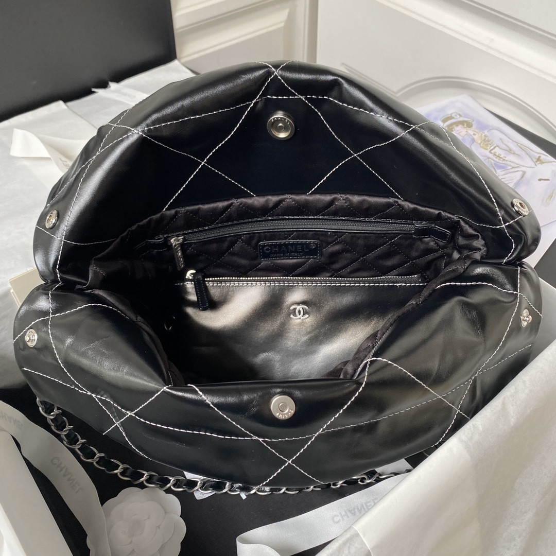 Ch*el 22 small handbag shiny calfskin silver 13.7×14.4×2.7 in