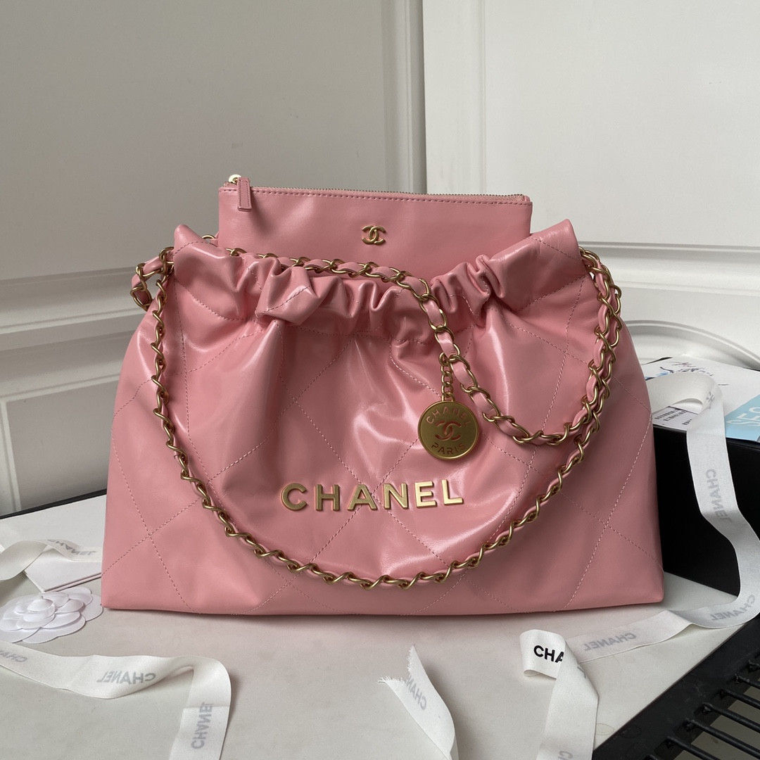 Ch*el 22 handbag shiny calfskin pink 30×45×8cm