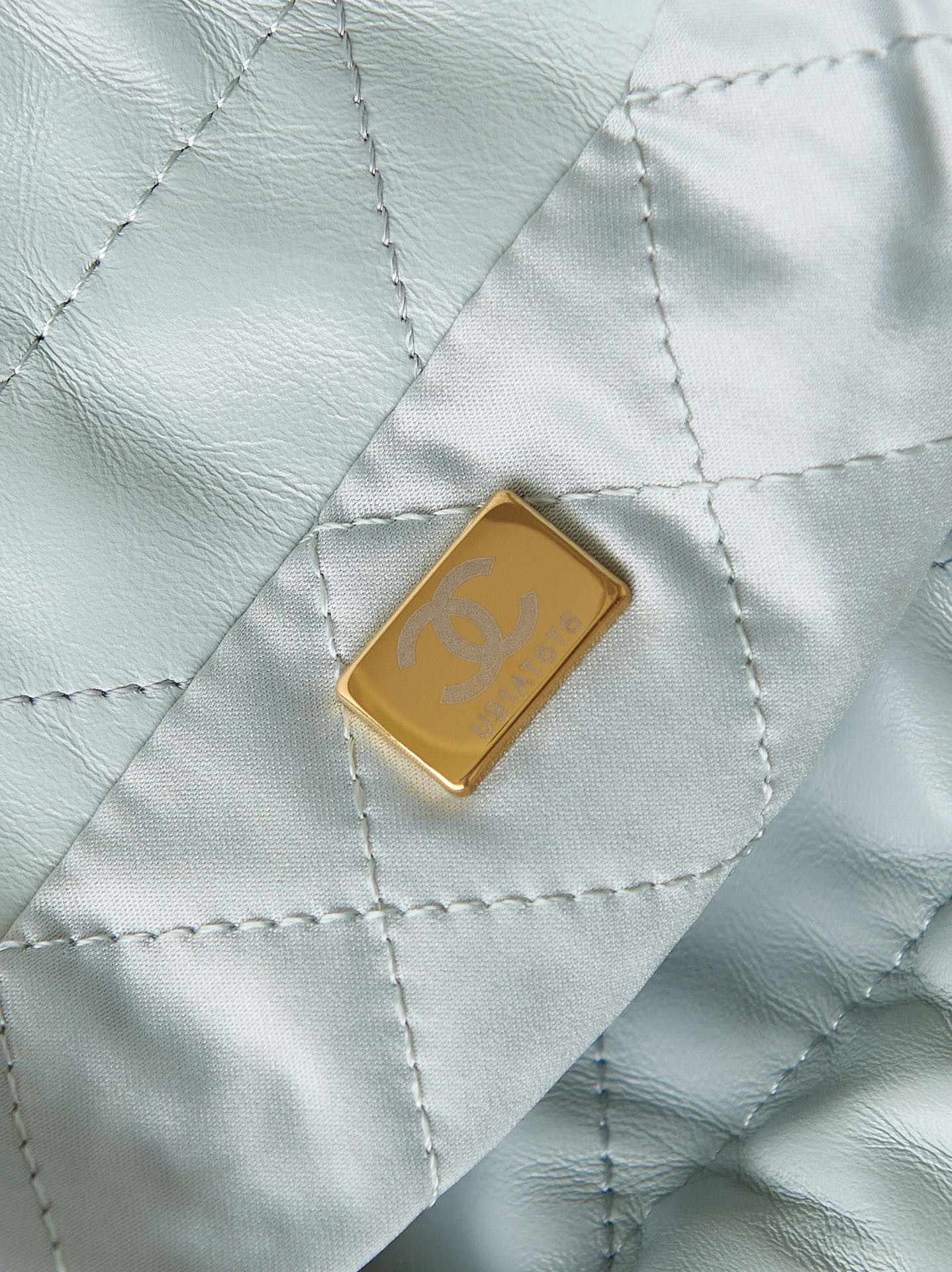 Ch*el 22 mini handbag shiny calfskin light blue 7.8 × 7.4 × 2.3 in