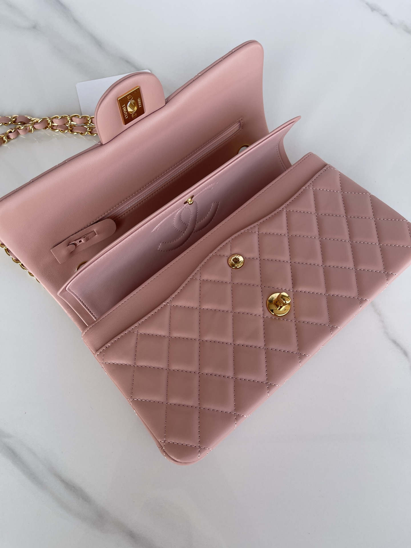 Ch*el classic flap 25cm cf pink gold 6 × 9.9 × 2.5 in