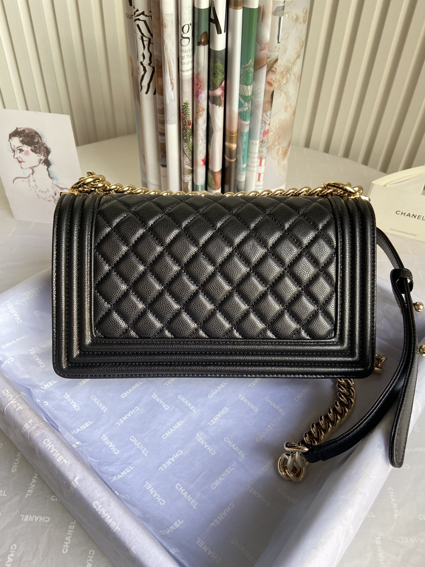 boy Ch*el handbag shiny grained calfskin & gold-tone metal black 5.9 × 9.8 × 3.5 in