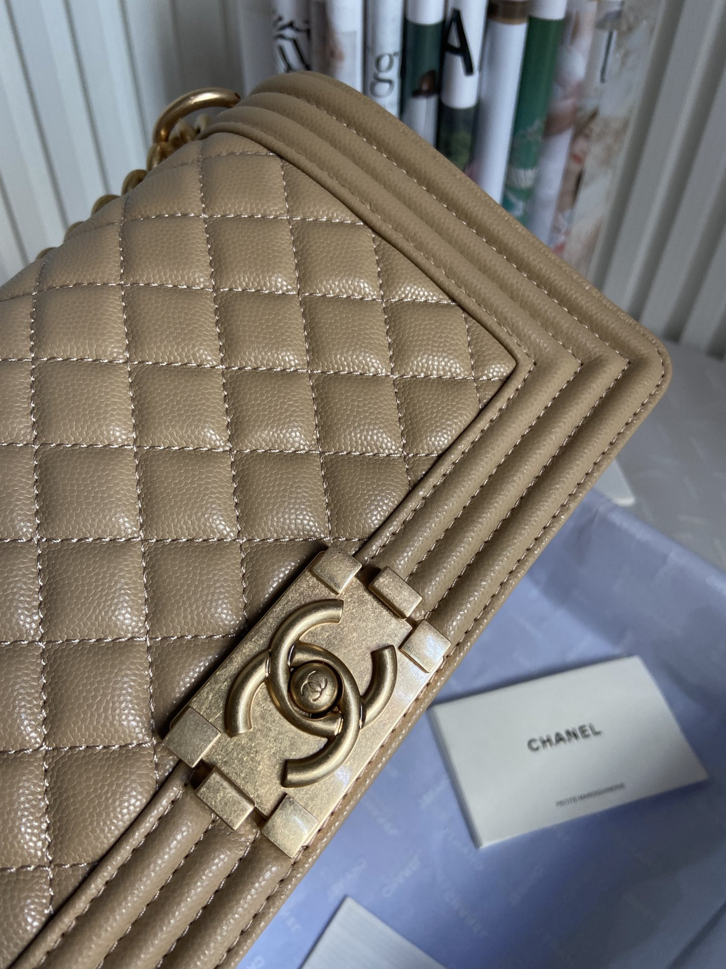 boy Ch*el handbag shiny grained calfskin brown 5.9 × 9.8 × 3.5 in