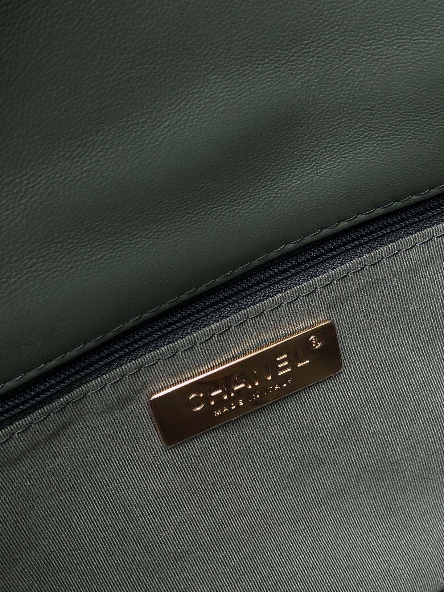 Ch*el 19 large handbag shiny leather, gold-tone, silver-tone & ruthenium-finish metal dark green 7.8 × 11.7 × 3.9 in