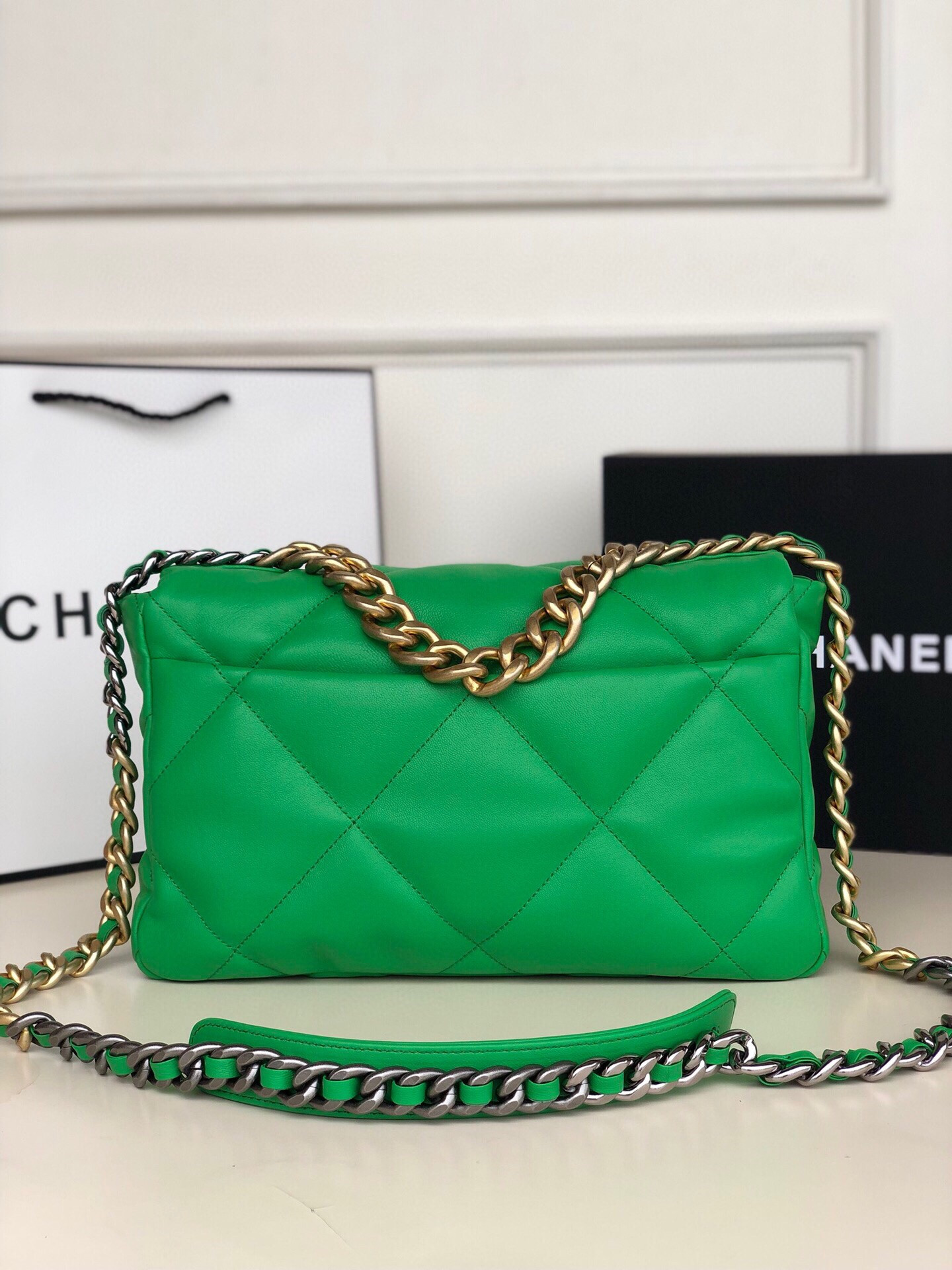 Ch*el 19 large handbag shiny leather, gold-tone, silver-tone & ruthenium-finish metal green 7.8 × 11.7 × 3.9 in