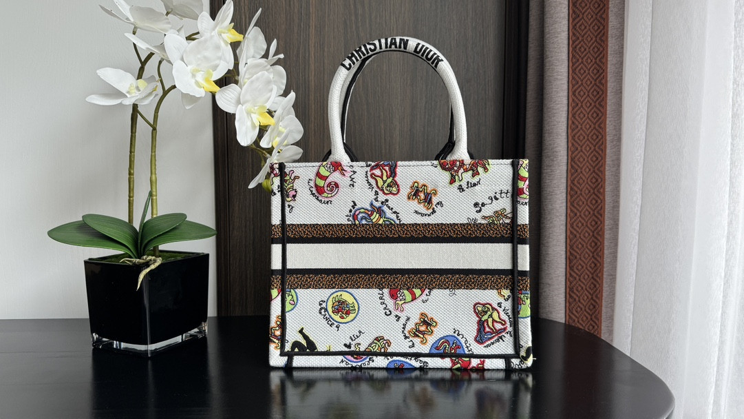 small D*or book tote white multicolor dragon zodiac embroidery 10.5 x 8.5 x 5.5 inches