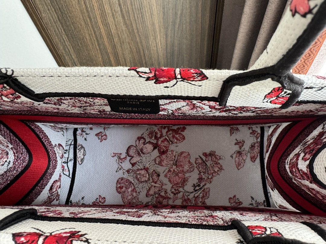 medium D*or book tote  white and red le cœur des papillons embroidery 14 x 11 x 6.5 inches