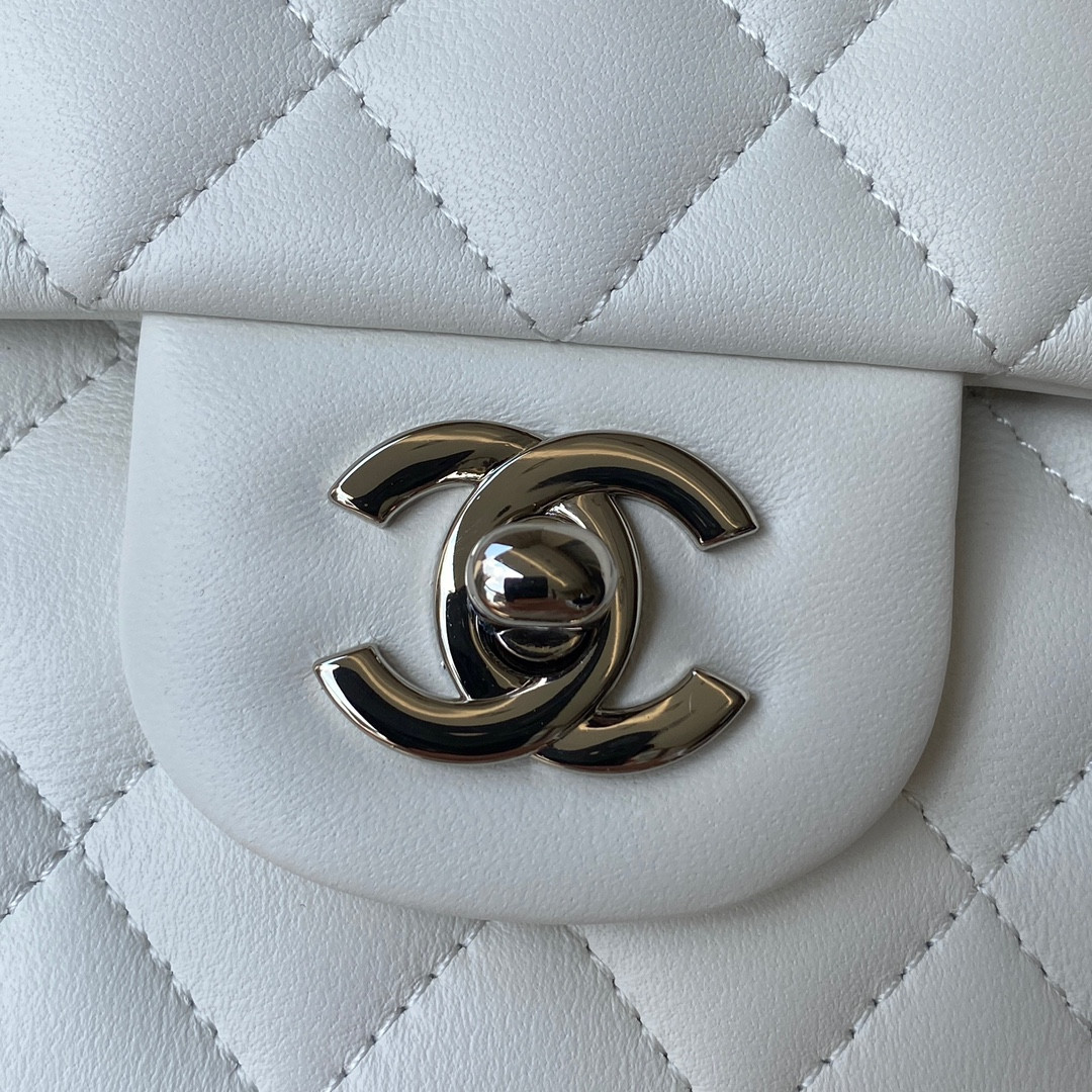 Ch*el classic handbag grained shiny calfskin & silver-tone metal white 6 × 9.9 × 2.5 in