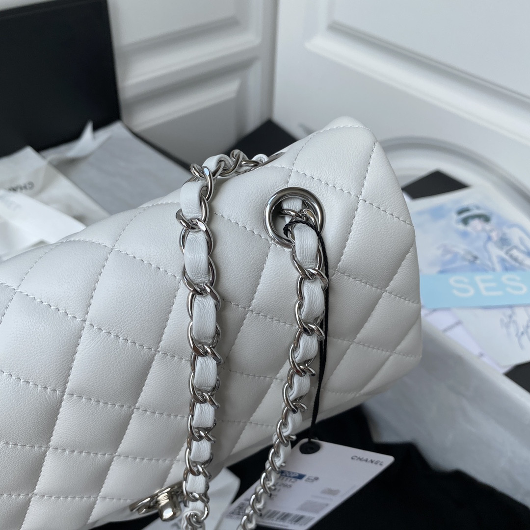 Ch*el classic handbag grained shiny calfskin & silver-tone metal white 6 × 9.9 × 2.5 in