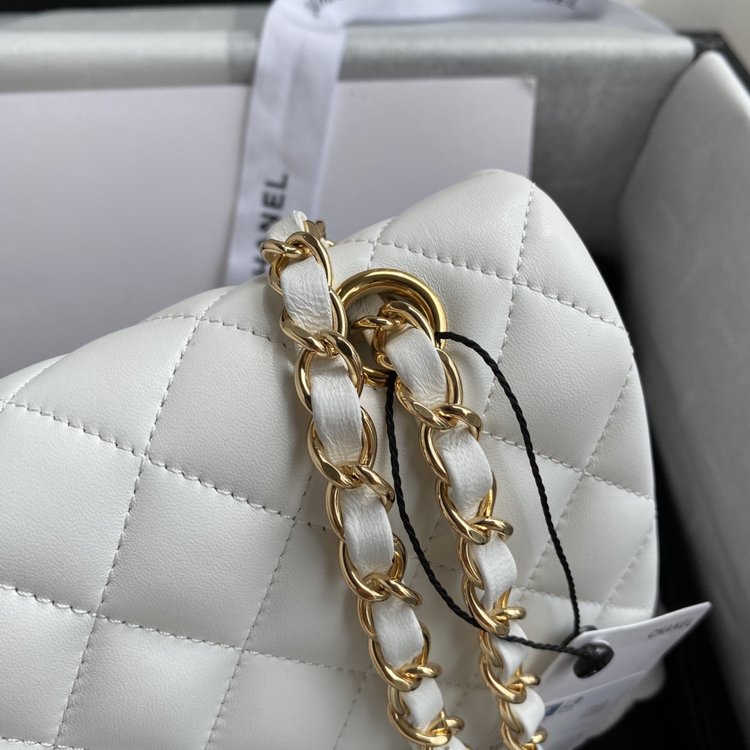 Ch*el classic handbag grained shiny calfskin & gold-tone metal white 6 × 9.9 × 2.5 in