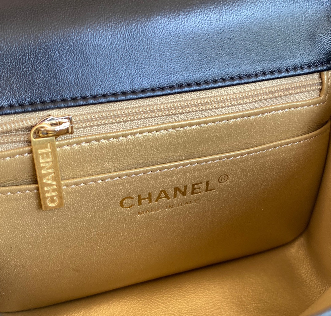 Ch*el mini flap bag shiny calfskin & gold-tone metal black 5.3 × 6.6 × 3.1 in