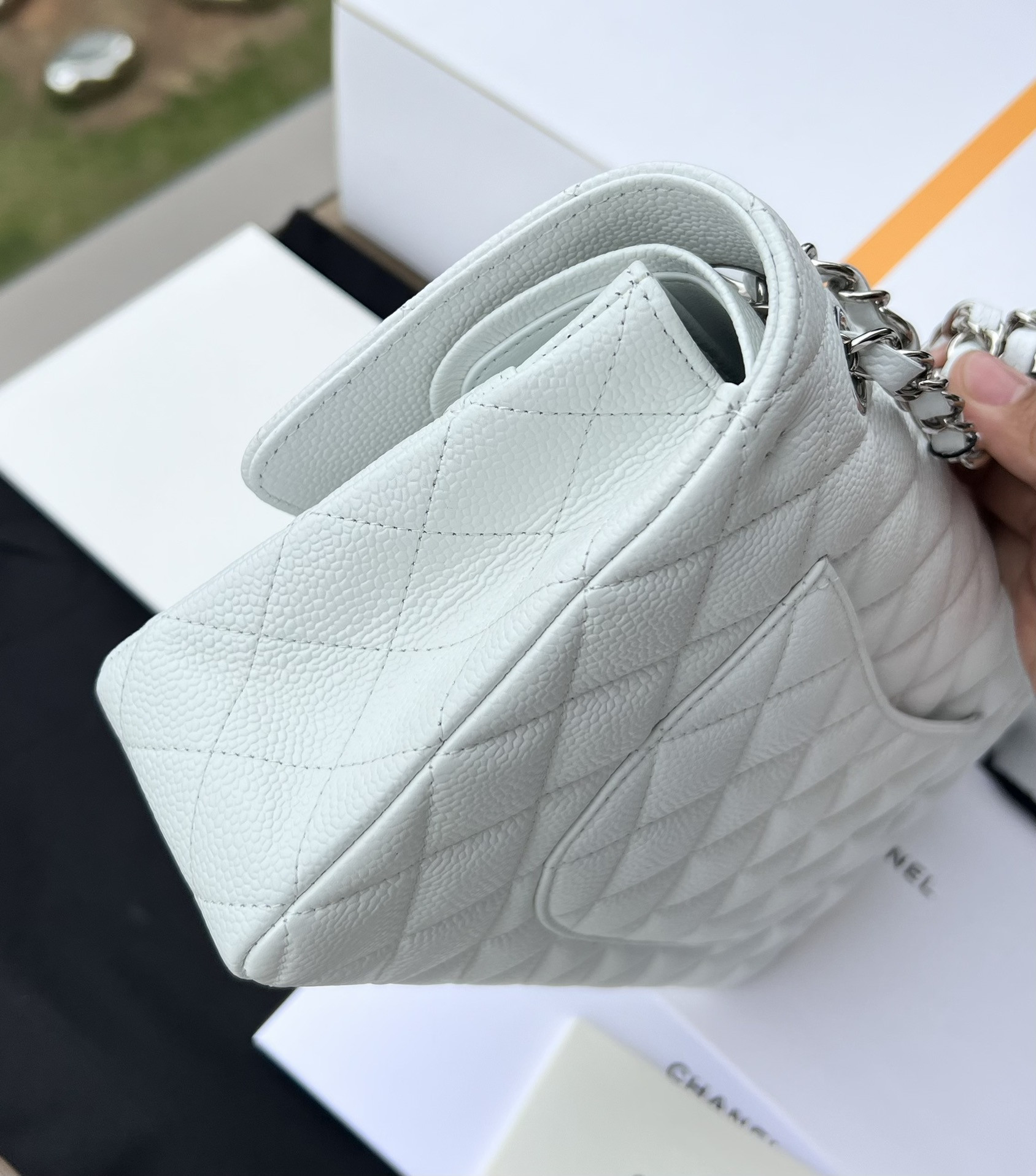 Ch*el classic handbag grained calfskin & silver-tone metal white 6 × 9.9 × 2.5 in