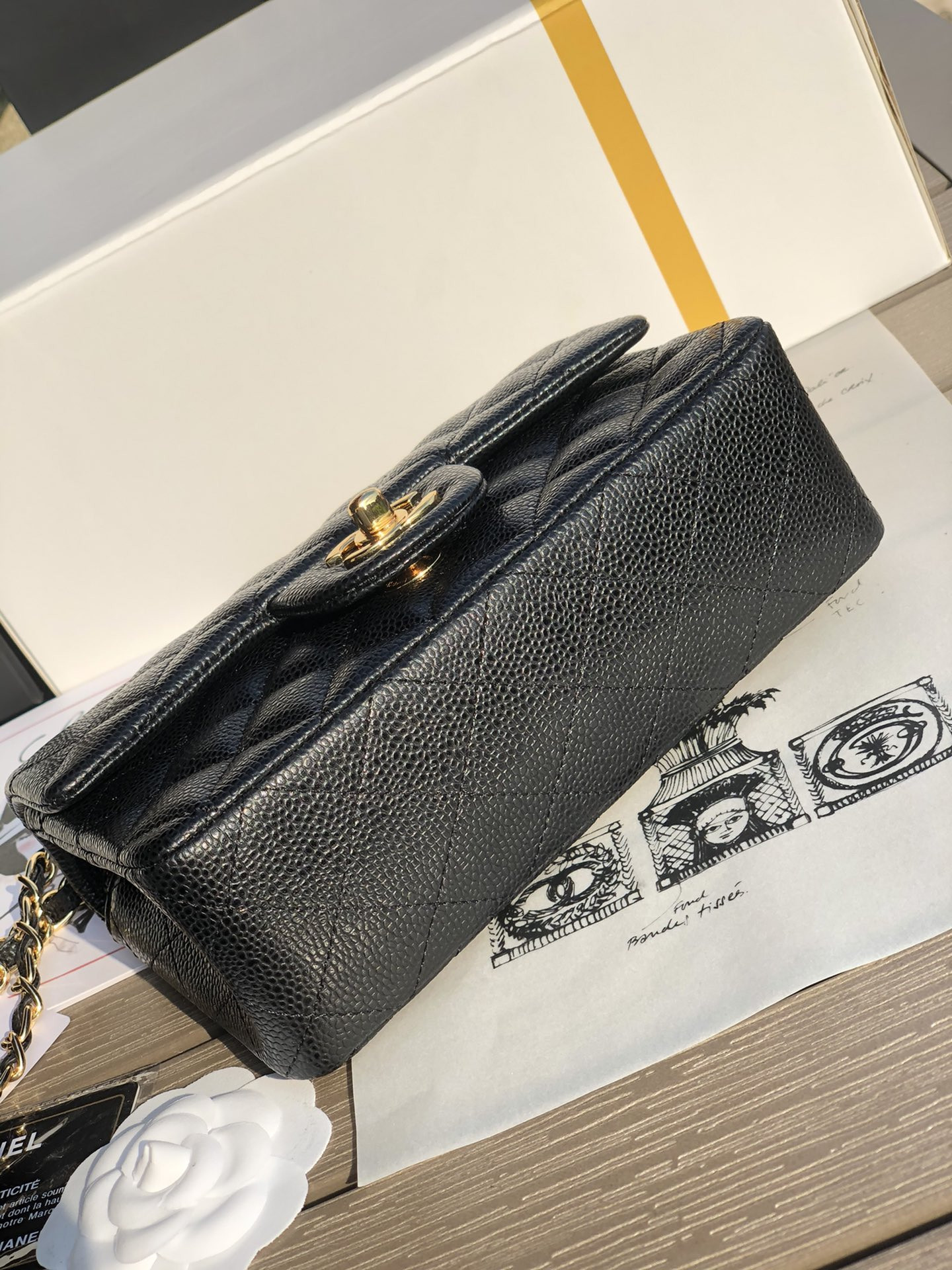 Ch*el mini flap bag black with gold-tone mental 4.7 × 7.8 × 2.3 in