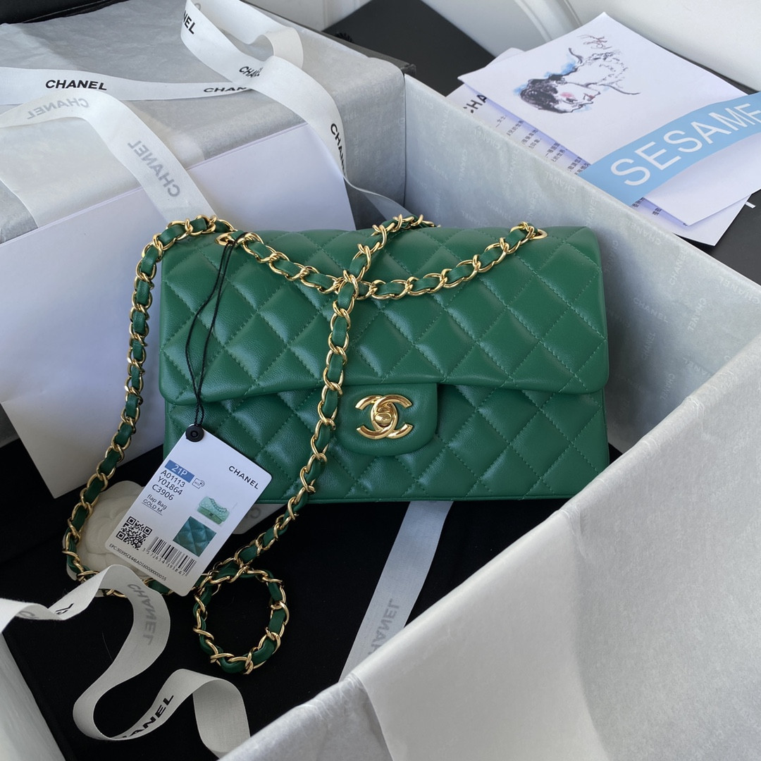 Ch*el small classic handbag grained shiny calfskin & gold-tone metal green 5.7 × 9 × 2.3 in