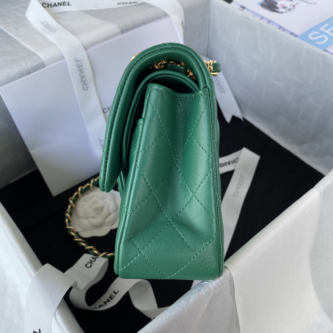 Ch*el small classic handbag grained shiny calfskin & gold-tone metal green 5.7 × 9 × 2.3 in