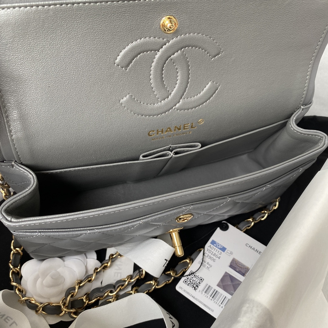 Ch*el small classic handbag grained shiny calfskin & gold-tone metal gray 5.7 × 9 × 2.3 in