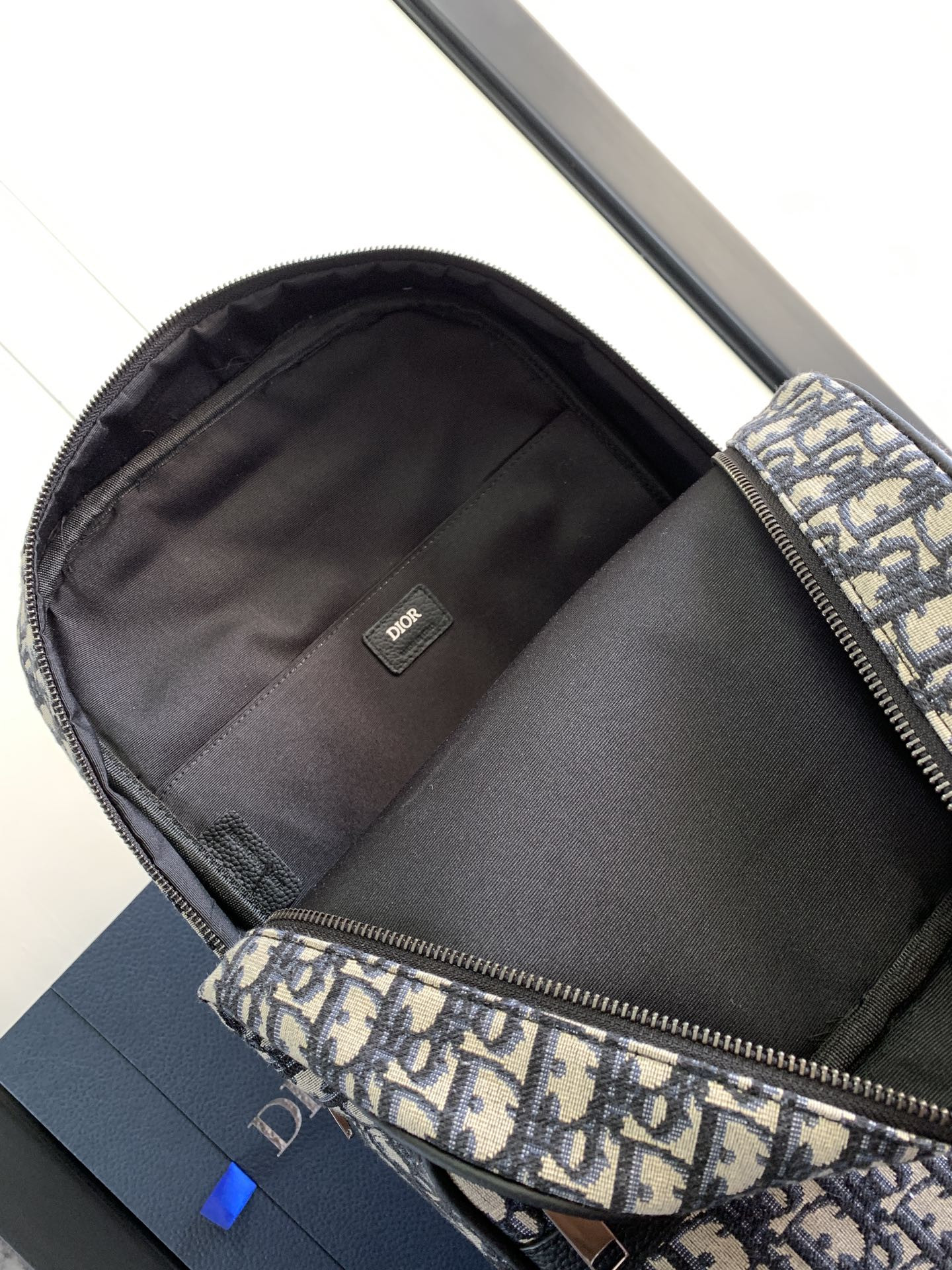 D*or safari backpack  beige and black D*or oblique jacquard 11 x 16 x 5.5 inches