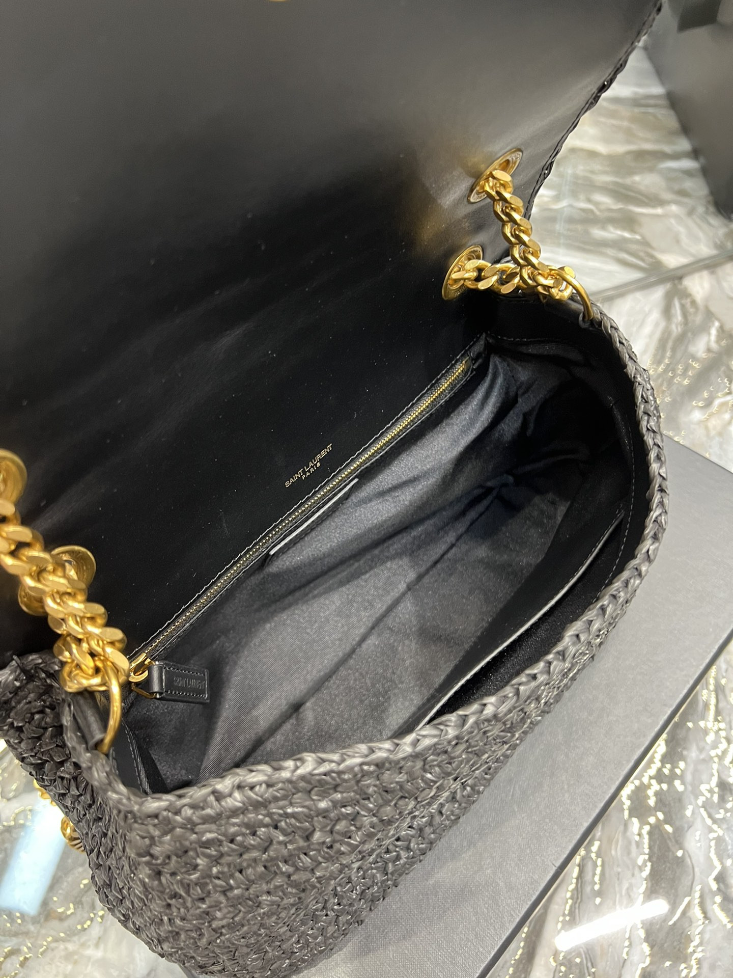 Y*L niki medium chain bag in raffia and leather black 11 x 7.8 x 3.3 inches