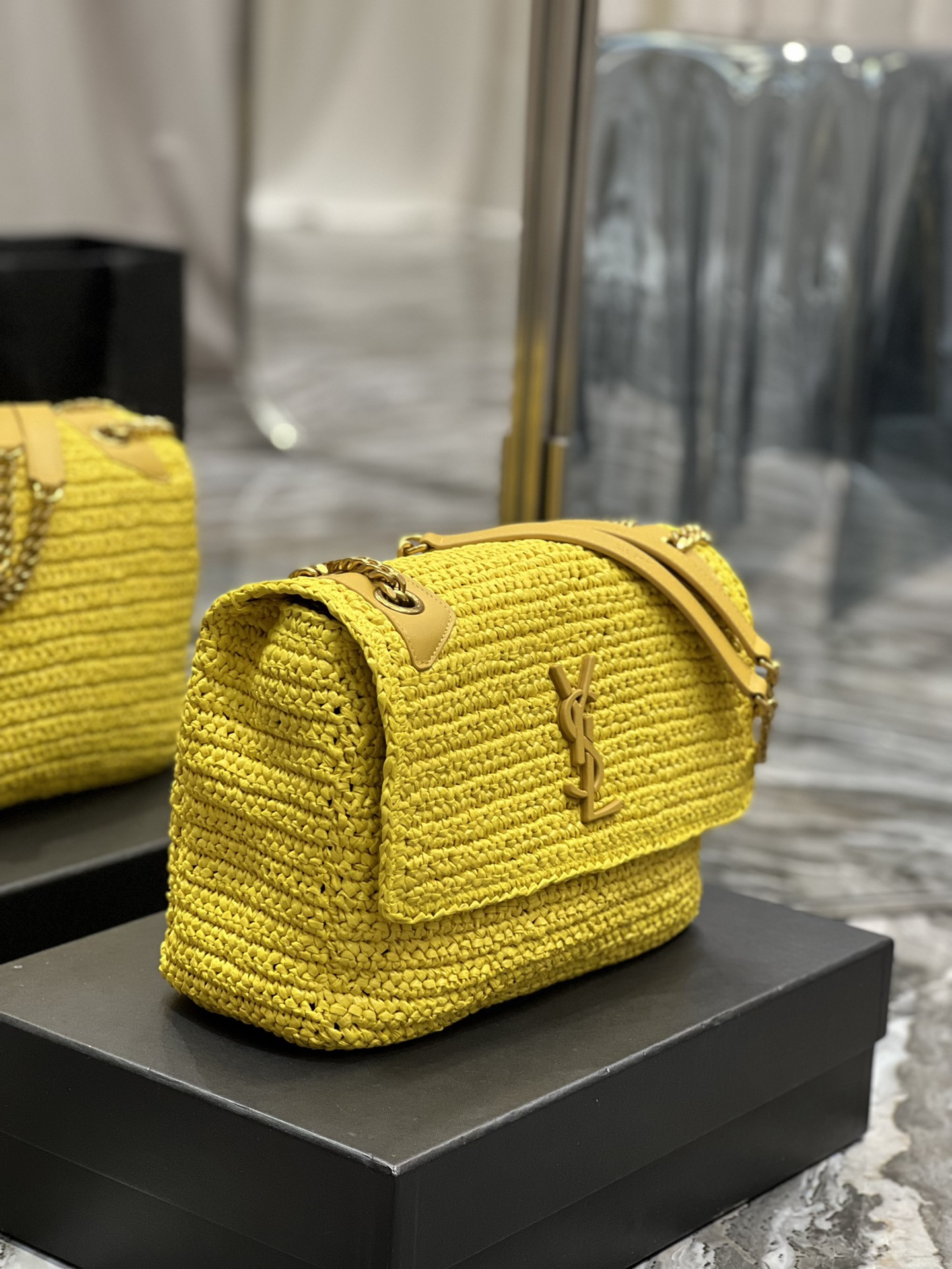 Y*L niki medium chain bag in raffia and leather yellow 11 x 7.8 x 3.3 inches