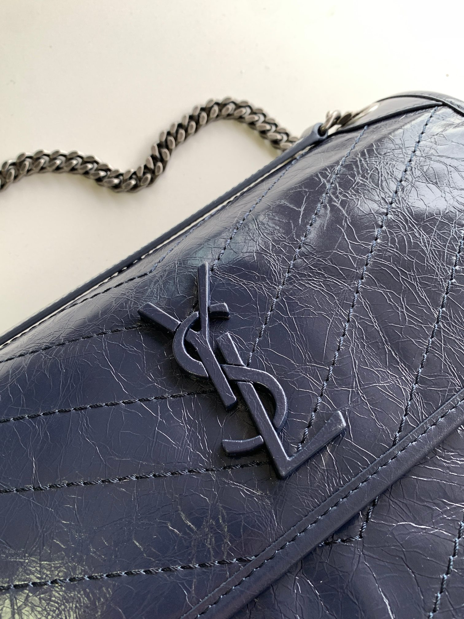 Y*L niki medium in vintage leather navy 11 x 7.8 x 3.3 inches