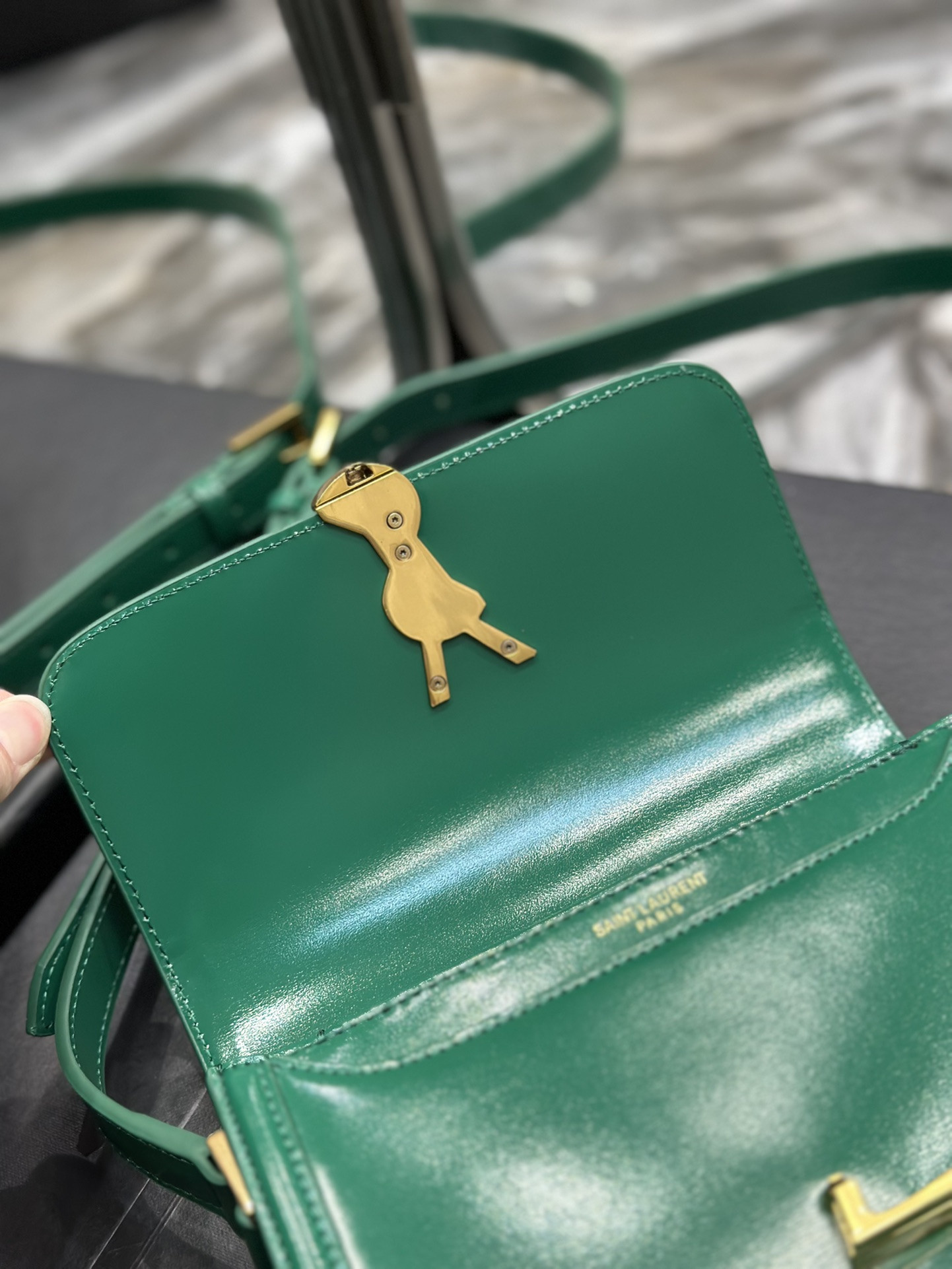 y*l solferino small satchel in box Sa**t Lau*nt green 7.4 x 5.1 x 1.9 inches
