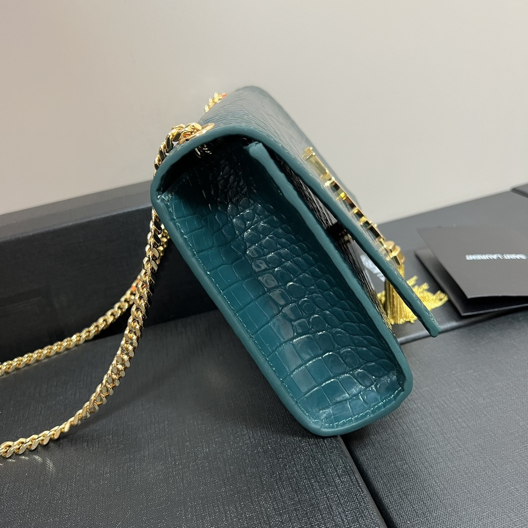 Y*L kate medium tassel in crocodile-embossed leather blue 9.4 x 5.7 x 2.1 inches