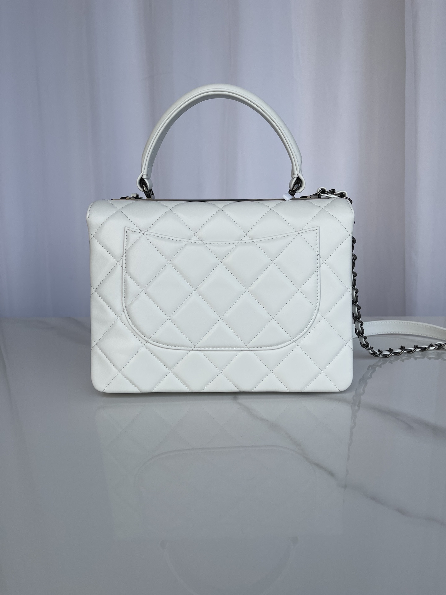 Ch*el flap bag with top handle white 6.6 × 9.8 × 4.7 in