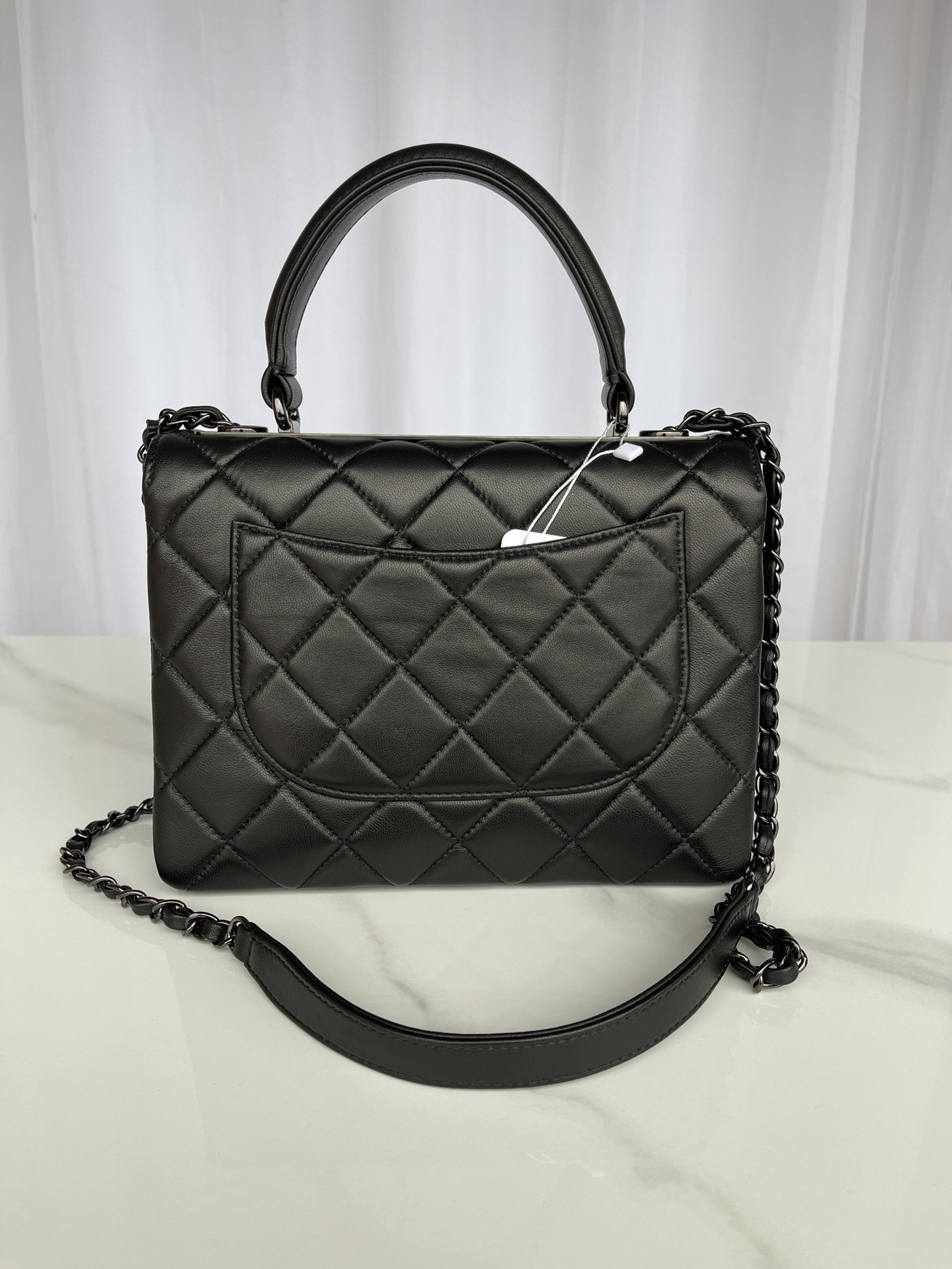 Ch*el flap bag with top handle black 6.6 × 9.8 × 4.7 in