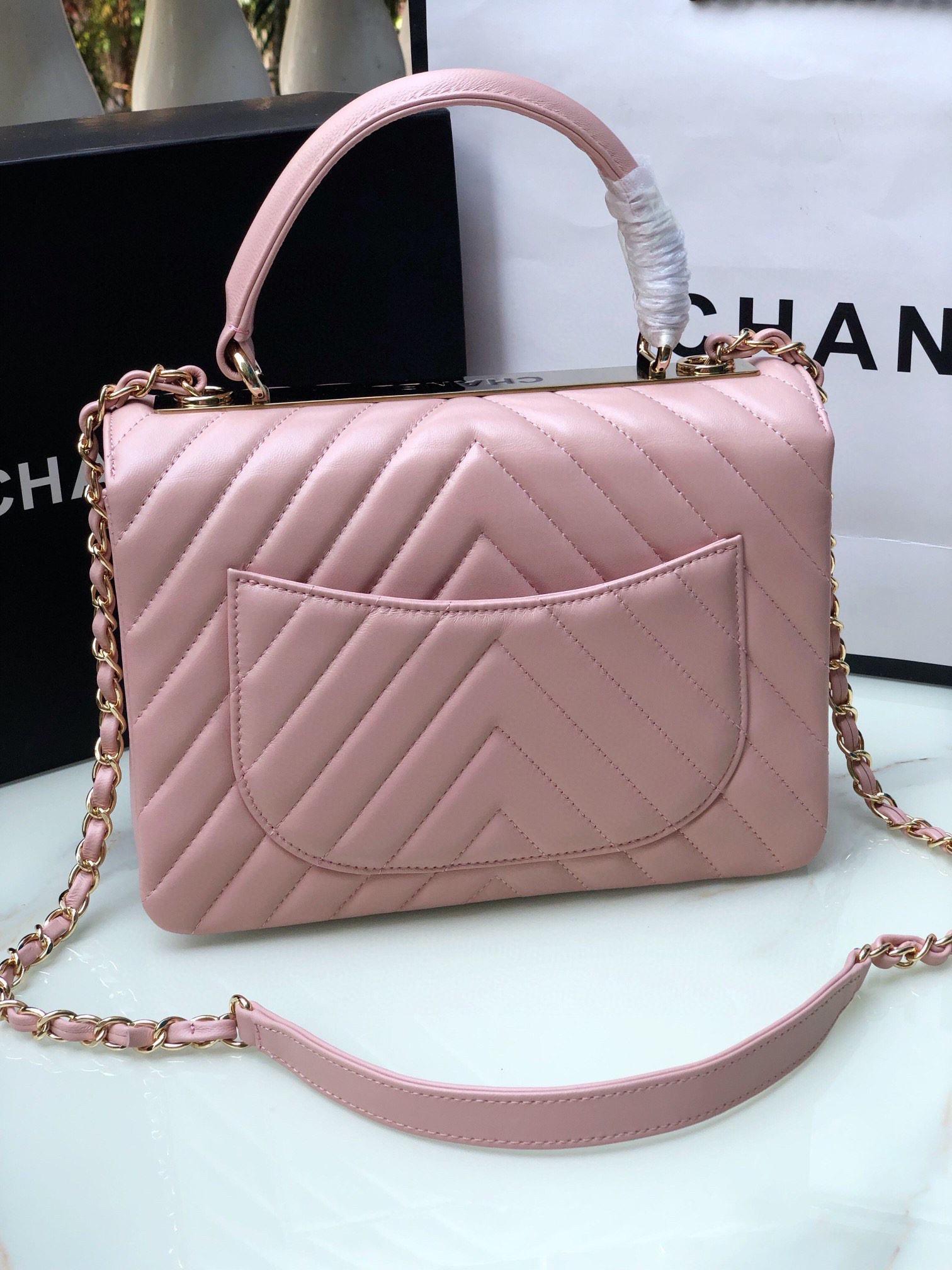 Ch*el flap bag with top handle pink 6.6 × 9.8 × 4.7 in
