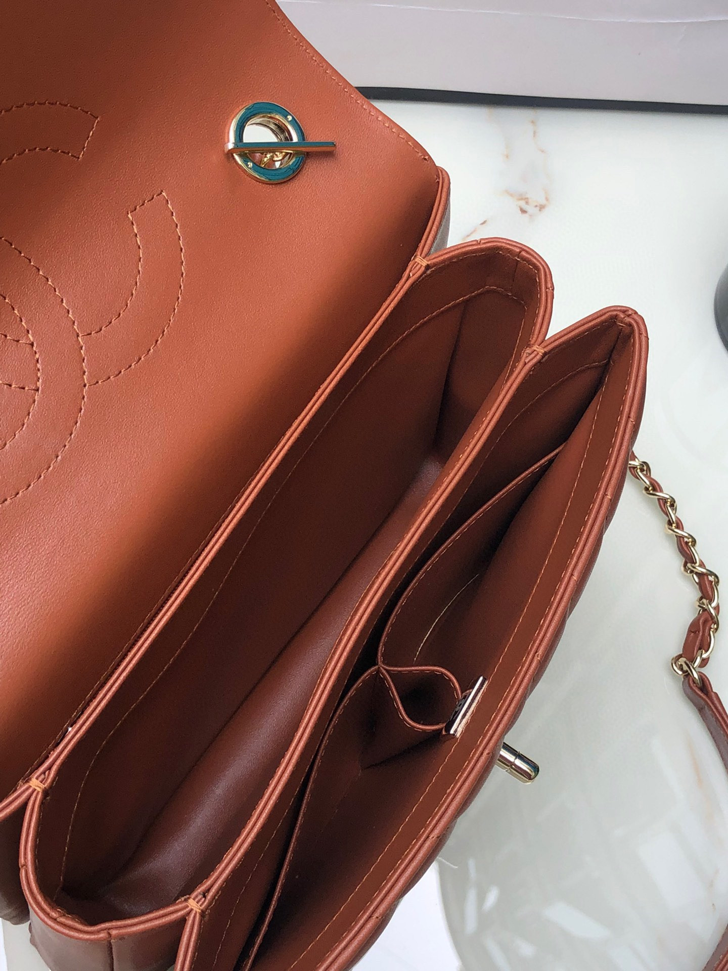 Ch*el flap bag with top handle orange 6.6 × 9.8 × 4.7 in