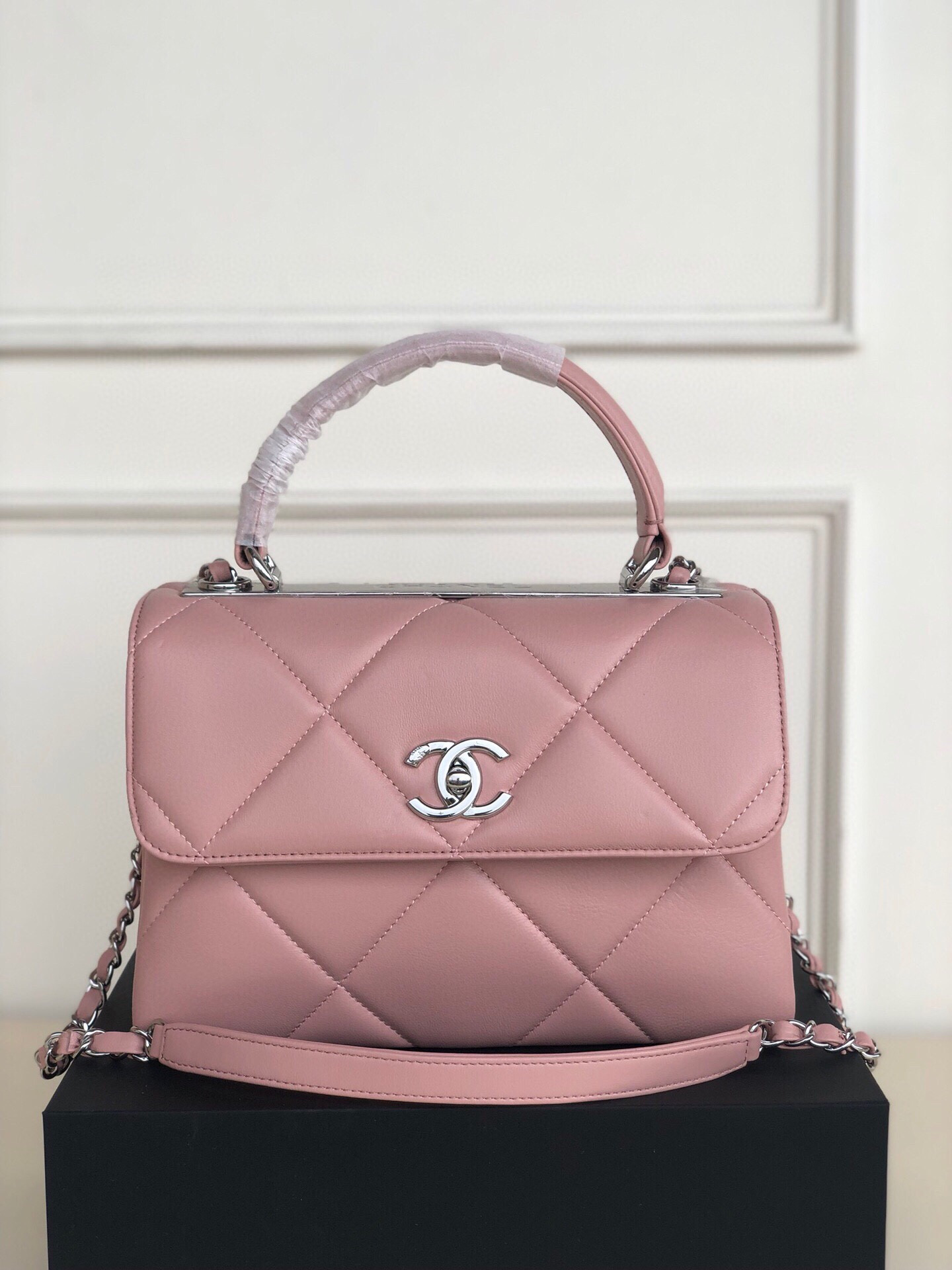 Ch*el flap bag with top handle 6.6 × 9.8 × 4.7 in