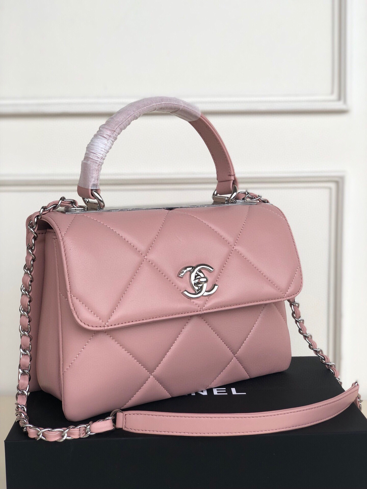 Ch*el flap bag with top handle 6.6 × 9.8 × 4.7 in