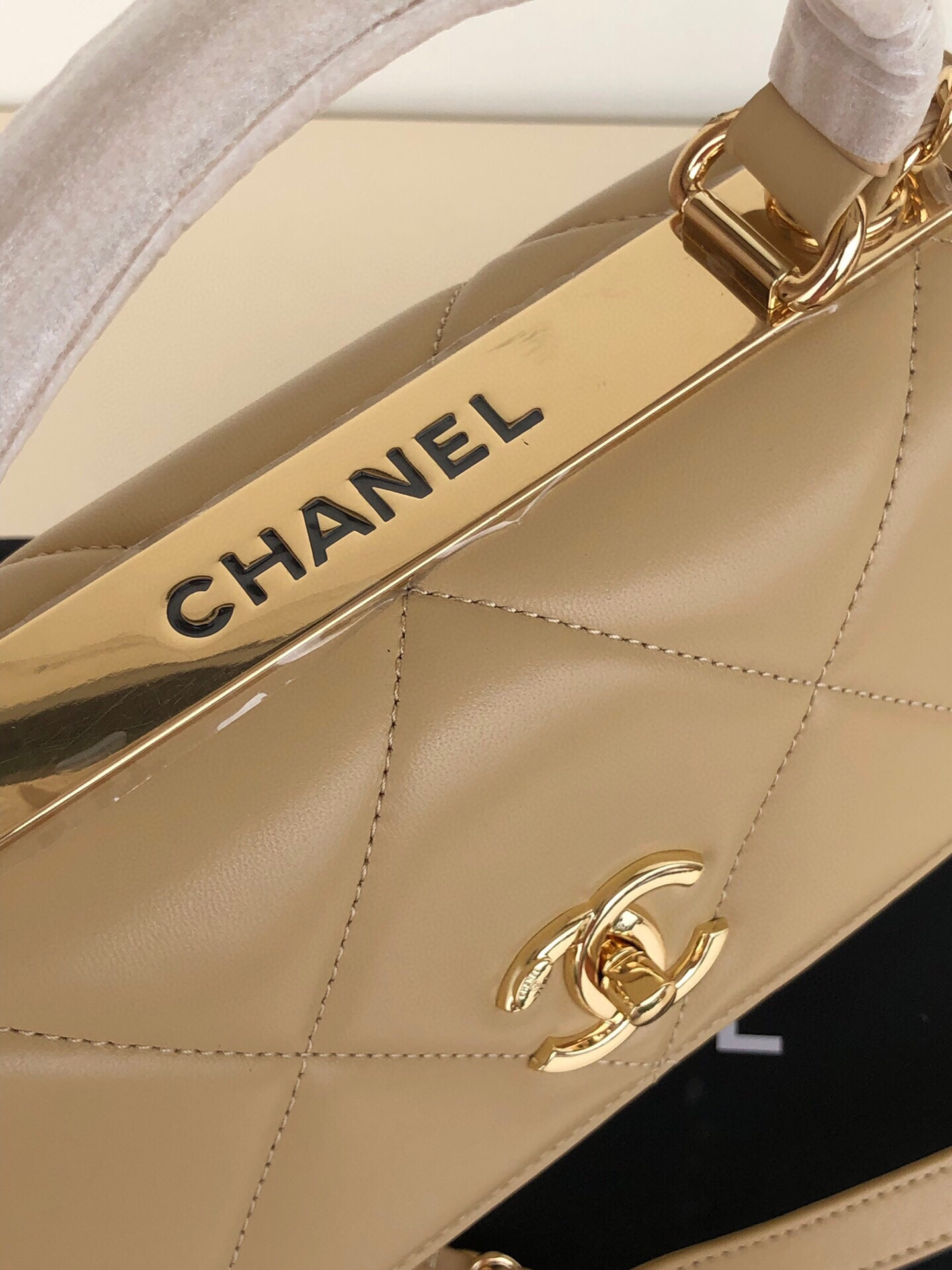 Ch*el flap bag with top handle 6.6 × 9.8 × 4.7 in