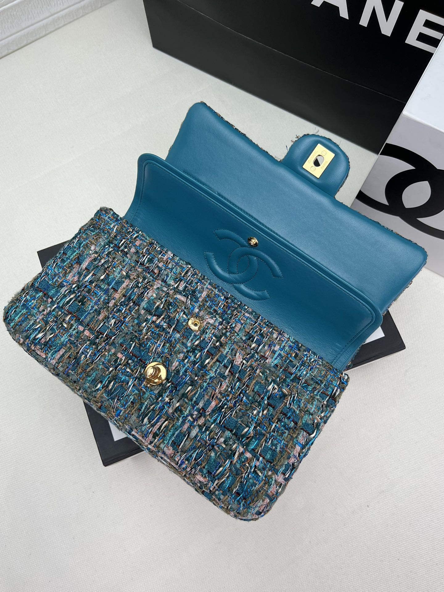 Ch*el classic 11.12 handbag tweed & gold-tone metal   6 × 9.9 × 2.5 in